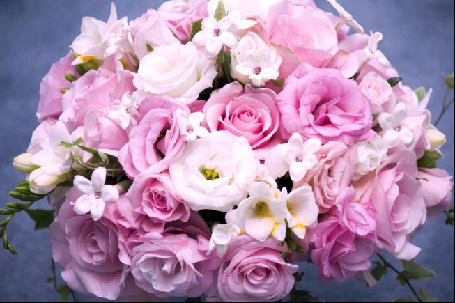 An aqua pack of fresh flowers